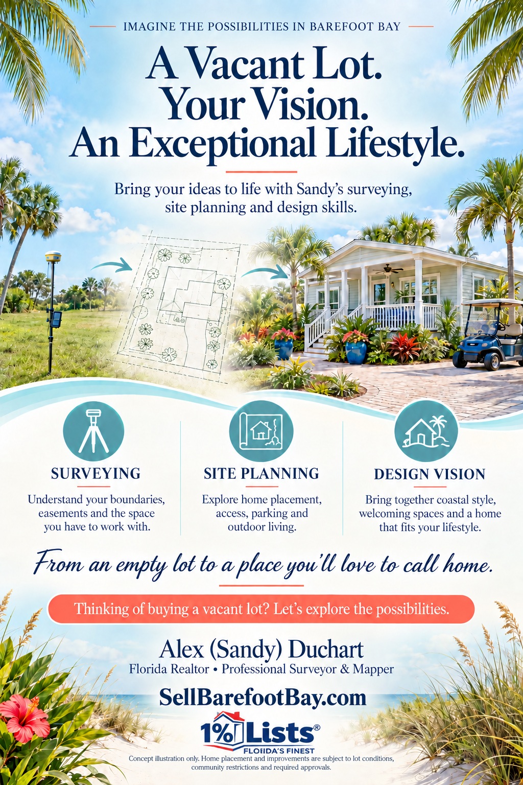 Sandy Duchart’s coastal flyer: a vacant lot, conceptual site plan and landscaped manufactured home, highlighting surveying, site planning and design vision.