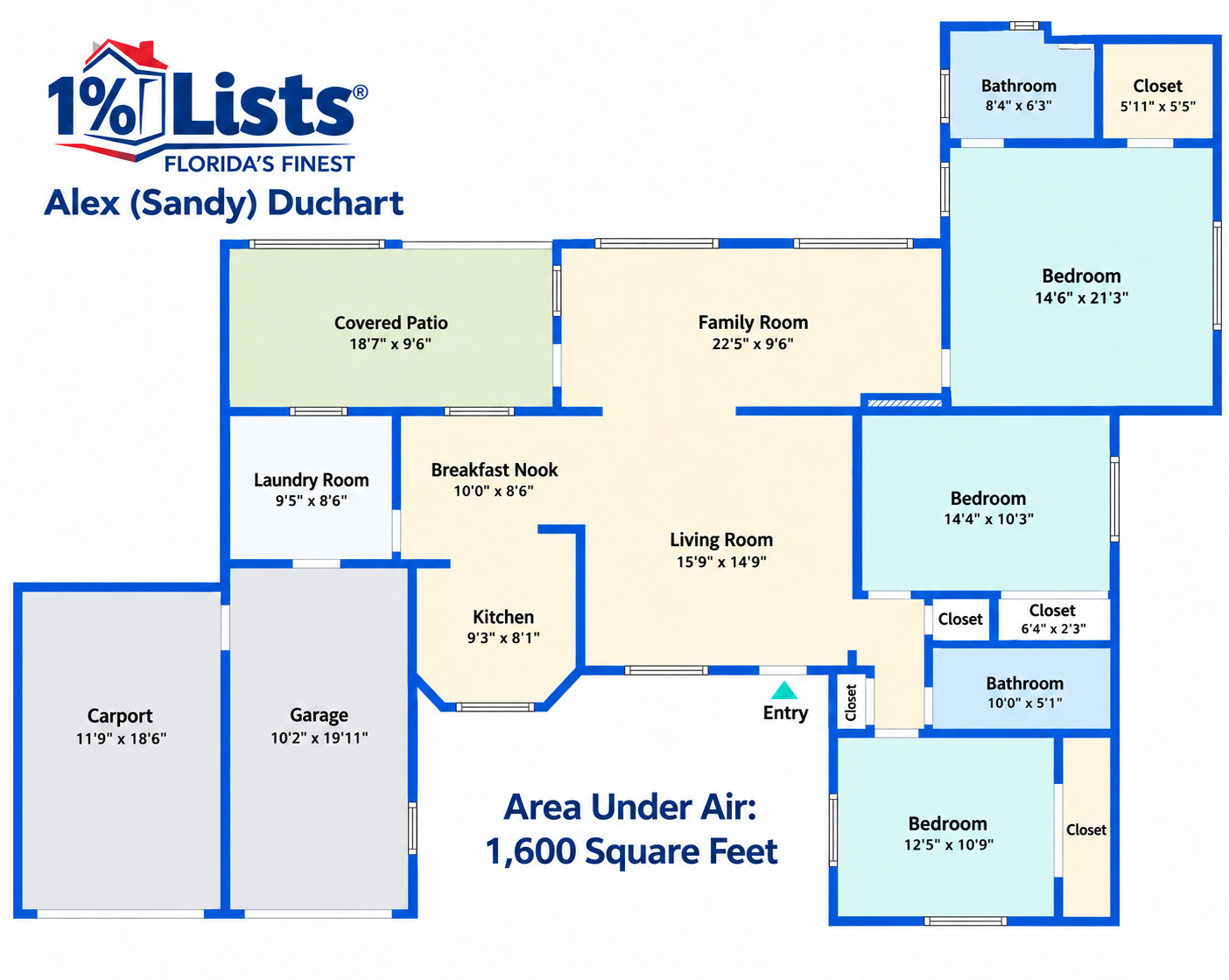 Floor plan of 2403 Vermont Avenue East, with three bedrooms, two bathrooms, living and family rooms, kitchen, breakfast nook, laundry, covered patio, garage and carport. Area under air: 1,600 square feet.
